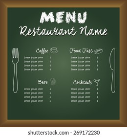Colored menu design on a board with text and icons. Vector illustration