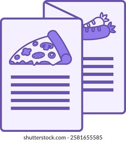 Colored Menu Icon. Vector Icon. List of Different Dishes and Drinks in Cafe. Pizza and Sausages. Restaurant Concept