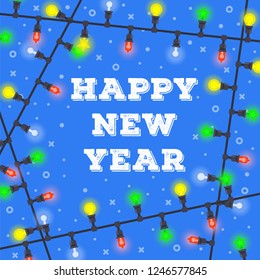 Colored Merry Christmas gift card with shiny lanterns frame. Greeting card of Merry Christmas for congratulations. Beautiful Christmas, Happy New Year template with shining lights frame. Vector