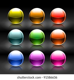 Colored metal balls with reflection and glowing on derk gray background. Vector illustration created and saved eps 10