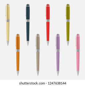 Colored metal pen isolated on gray background, vector mockup set.