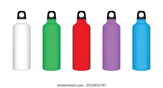 Colored metal thermoses with black lids, in a row: white, green, red, purple, blue.