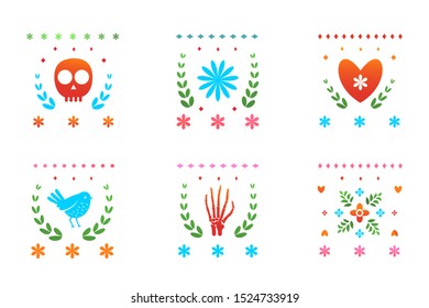 Colored Mexican Day of the Dead symbols decorative elements. Dia de los Muertos ornament clip art objects for traditional holiday design or logo design in Mexican style.