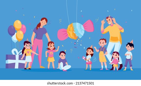 Colored mexican pinatas composition girl broke a pinata at a childrens party vector illustration