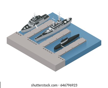 Colored Military Boats Isometric 3d Composition With Ships Moored Near The Shore Vector Illustration