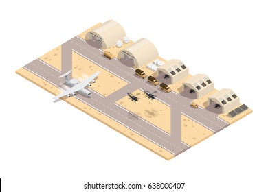 Colored military isometric composition in beige colors with runway great location for a military base vector illustration