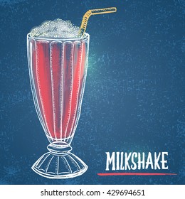 Colored milkshake drawn in chalk on a blue board.