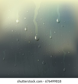 Colored misted wet glass drops realistic composition with rain stains on the window vector illustration