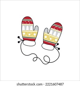 colored mittens on a string. Element for winter designs, stickers, cards, posters. Vector illustration isolated on white background