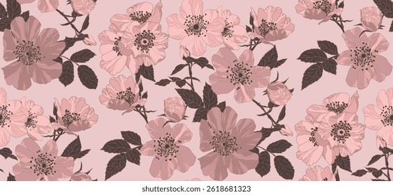 Colored mocha mousse pattern of rose flowers and leaves, repeating pattern, artistic like wallpaper.	