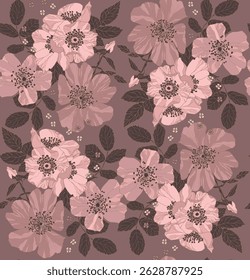 Colored mocha mousse pattern of rose flowers and leaves, repeating pattern, artistic like wallpaper.	