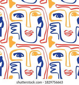 Resumen Moderno De Colores Enfrenta Una Textura De Patrón Sin Margen. Ilustración vectorial dibujada a mano. Diseño de moda contemporáneo. Estilo de arte cubismo