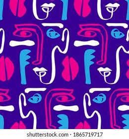 Resumen Moderno De Colores Enfrenta Una Textura De Patrón Sin Margen. Ilustración vectorial dibujada a mano. Diseño de moda contemporáneo. Estilo de arte cubismo