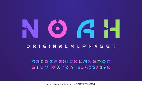 Colored modern alphabet,futuristic minimalist display font design. Original letters and numbers. Vector illustration.
