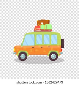 Colored Modern Car with Luggage on Roof Isolated on Transparent Background. Side View of Comfortable Hatchback Automobile for Family Traveling. Trip. Cartoon Flat Vector Illustration. Clip Art, Icon.