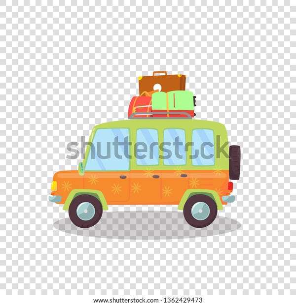 Colored Modern Car with Luggage on Roof Isolated on
Transparent Background. Side View of Comfortable Hatchback
Automobile for Family Traveling. Trip. Cartoon Flat Vector
Illustration. Clip Art,
Icon.