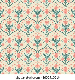 Colored modern Damask pattern with plants net, flowers, leaves, swirls and buds on bright color background. Hand drawn design of elements. Can be used for fabrics, wallpapers, wripping and decoration.