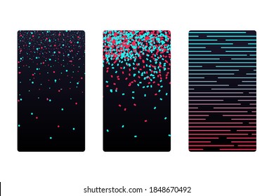 Colored modern red blue elements on black social media application abctract background set. Blogging stream app futuristic digital wallpaper. Smartphone screen backdrop cover vector eps illustration