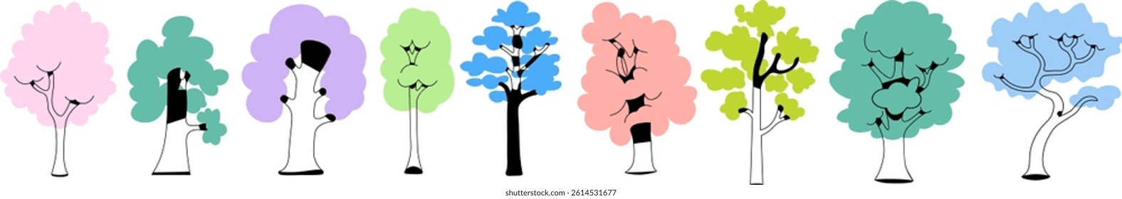 colored modern tree's collection in doodle style. Objects for design, logo, print, icon, landscape, coloring, background, sticker, postcard.