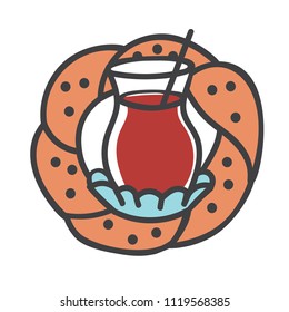 Colored modern vector illustration of turkish symbols: black tea glass, traditional bagel. Hand drawn doodle elements for banner, label, logo, badge or card design for cafe or bakery.