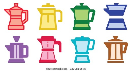 Colored moka pot set, coffee maker, cup morning, italian caffeine moka pot, vector illustration isolated on white