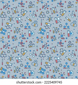 Colored Molecules and Laboratory Test Tubes Seamless background. Science concept vector Pattern