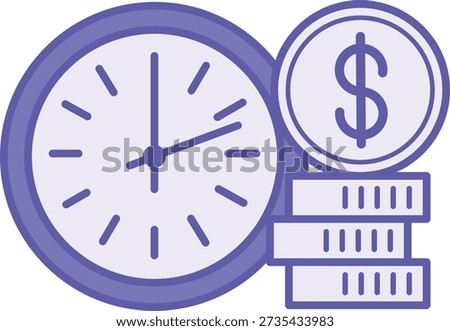 Colored Money Time Icon. Vector Illustration. Clock and Stack of Dollar Coins. Business and Finance. Dollar Concept