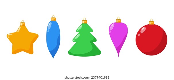 Juguetes de árbol de Navidad monocromático de colores. Decoración decorativa para Navidad y Año Nuevo. bola de navidad, estrella, campana, picor, enigma. Ilustración vectorial.