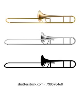 Colored and monochrome realistic icon set of trombone isolated on white background