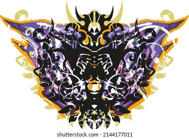 Colored monster butterfly wings splashes on a white background. Scary butterfly wings in pink-blue-orange-gold tonality for fabric, prints, textile, shields emblems, wallpaper, fashion trends, posters