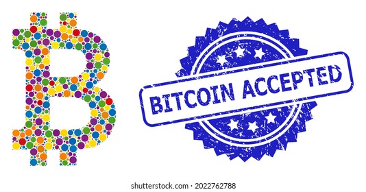 Bitcoin y la imitación del sello de rosette grunge aceptable. El sello azul tiene la etiqueta Bitcoin Accepted dentro de la rosette.