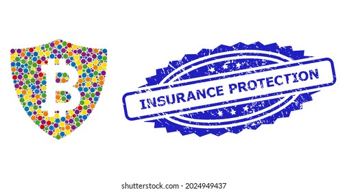 Colored mosaic bitcoin protection, and Insurance Protection corroded rosette seal print. Blue seal contains Insurance Protection tag inside rosette.