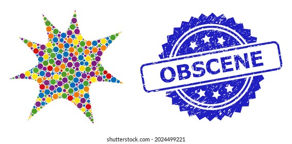 Estribillo de mosaico de colores y la obscena imitación de sellos sucios de rosette. El sello azul tiene título obsceno dentro de la roseta. Las partes del círculo vectorial se unen en el icono de salpicadura de mosaico abstracto.