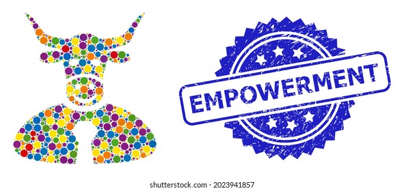 Colored mosaic bull boss, and Empowerment unclean rosette seal. Blue seal contains Empowerment text inside rosette. Vector round elements are organized into abstract mosaic bull boss icon.