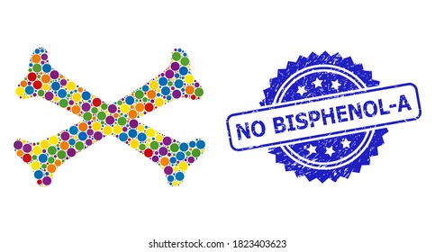 Colored mosaic crossing bones, and No Bisphenol-A unclean rosette seal print. Blue seal includes No Bisphenol-A caption inside rosette.