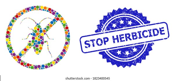 Colored mosaic forbidden cockroach, and Stop Herbicide textured rosette stamp seal. Blue stamp has Stop Herbicide text inside rosette.