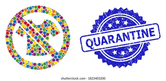 Mosaico de color prohibido vestir camisetas, y sello de rosette texturizado cuarentino. El sello azul incluye el título de cuarentena dentro de la roseta.