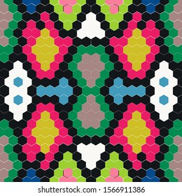 Colored mosaic imitation snake skin seamless pattern. Ethnic american rhombus background. Bright embroidery bargello american stylish background.
