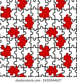 Colored mosaic pattern. Seamless in the form of black lines of the puzzle with extra red parts. Printing on decorative elements, clothes, wrapping paper. Collect the puzzle, fill in the blanks