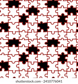 Colored mosaic pattern. Seamless in the form of red puzzle lines with missing black parts. Printing on decorative elements, clothing, wrapping paper. Collect the puzzle, fill in the blanks