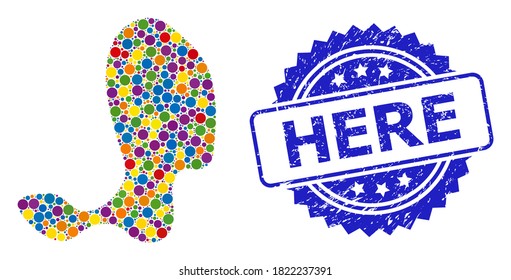 Colored mosaic spot, and Here rubber rosette seal. Blue stamp seal includes Here title inside rosette. Vector round dots are united into abstract mosaic spot icon.