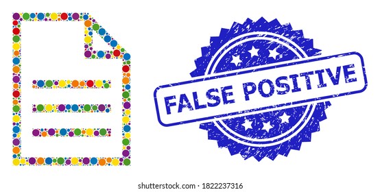 Colored mosaic text page, and False Positive unclean rosette stamp seal. Blue stamp seal includes False Positive title inside rosette.