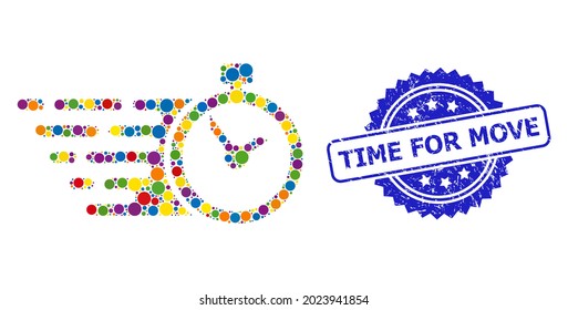 Farbige Mosaikzeit, und Zeit für Bewegung grunge Rosette Stempel-Siegel. Das blaue Stempelsiegel enthält Time for Move Text in Rosette. Vektorkreisteile werden zu einem abstrakten Collage Time Icon zusammengefasst.