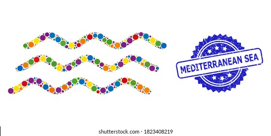 Colored mosaic water waves, and Mediterranean Sea scratched rosette seal imitation. Blue seal contains Mediterranean Sea tag inside rosette.