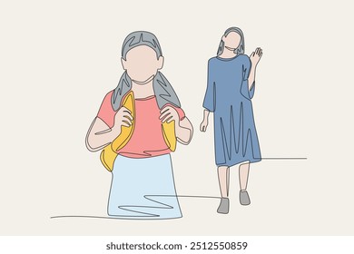 Colored mother waves goodbye to child as he leaves for school. Saying goodbye to their children concept one-line drawing