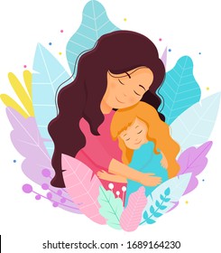 Concepto de amor maternal aislado en un fondo blanco. Madre e hija enamoradas adentro. Madre e hija abrazan. Dibujo de madre y bebé.Vector