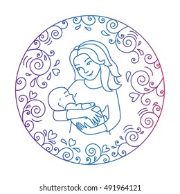 Colored motherly love concept isolated white background  Mother holding baby in her arms inside round frame and hearts   whirls  Mother   baby Vector illustration Easy to change color 