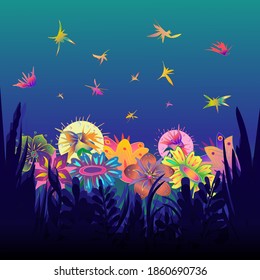las polillas coloridas vuelan sobre flores brillantes