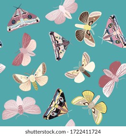 Las polillas de color azul turquesa. Patrón vectorial transparente con insectos. Patrón cuadrado repetitivo para tela y papel pintado.