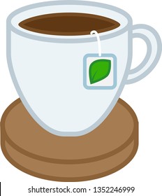 Colored mug icon on stand with tea bag for websites or applications.